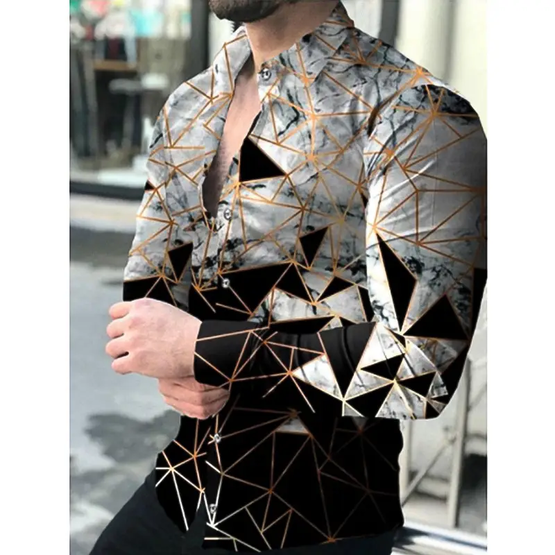 Men Printed Long Sleeve Shirt Navy White Gold Design Large - Image 12