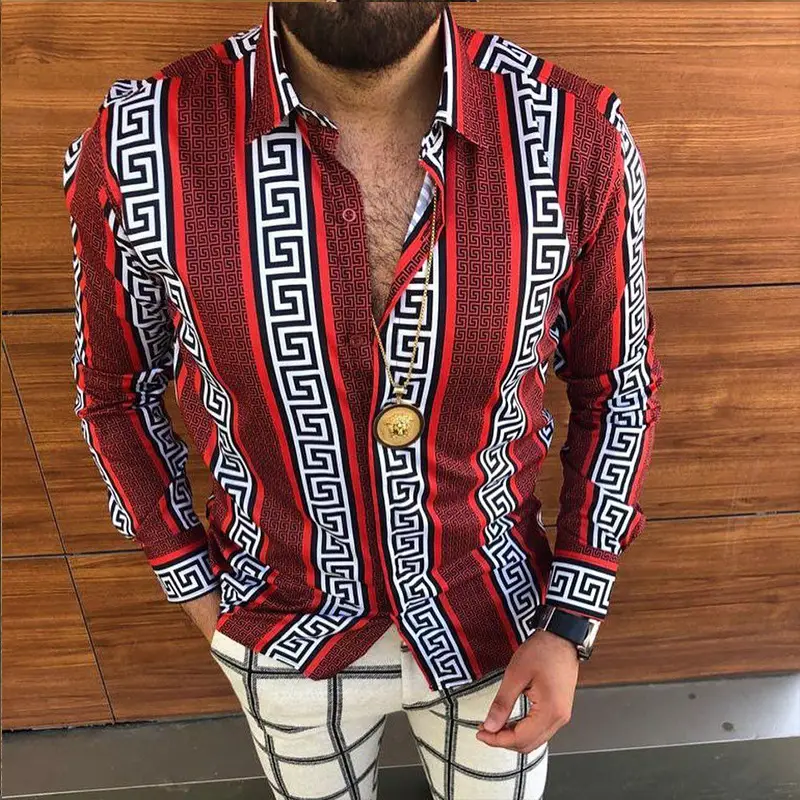 Men Printed Long Sleeve Shirt Navy White Gold Design Large — feature 4