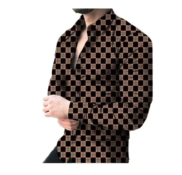 Men Printed Long Sleeve Shirt Navy White Gold Design Large - Image 10