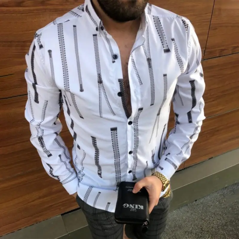 Men Printed Long Sleeve Shirt Navy White Gold Design Large - Image 2