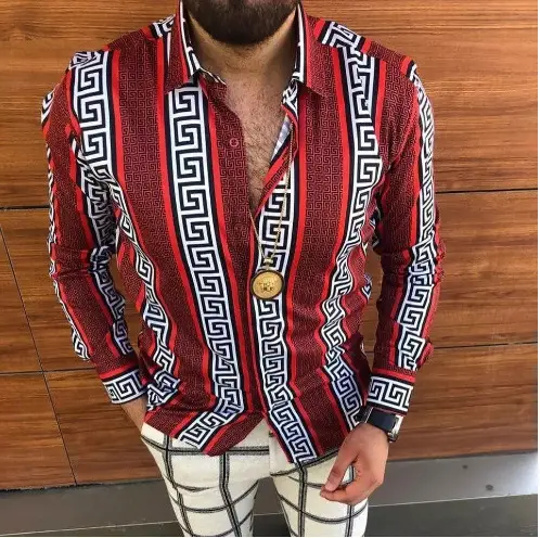 Men Printed Long Sleeve Shirt Navy White Gold Design Large - Image 3