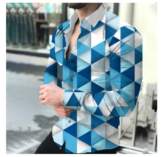 Men Printed Long Sleeve Shirt Navy White Gold Design Large - Image 4