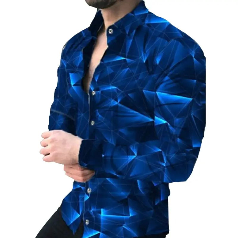 Men Printed Long Sleeve Shirt Navy White Gold Design Large - Image 5