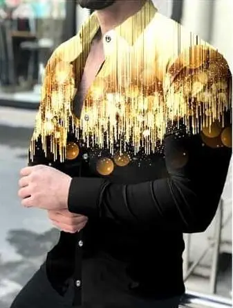 Men Printed Long Sleeve Shirt Navy White Gold Design Large - Image 6