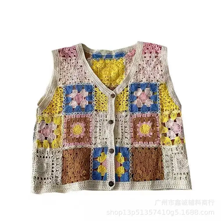 New Japanese Handmade Crochet Contrast Knitted Vest Women's Fashionable Age-reducing All-match Waistcoat Trendy Outer Wear Top - Image 18