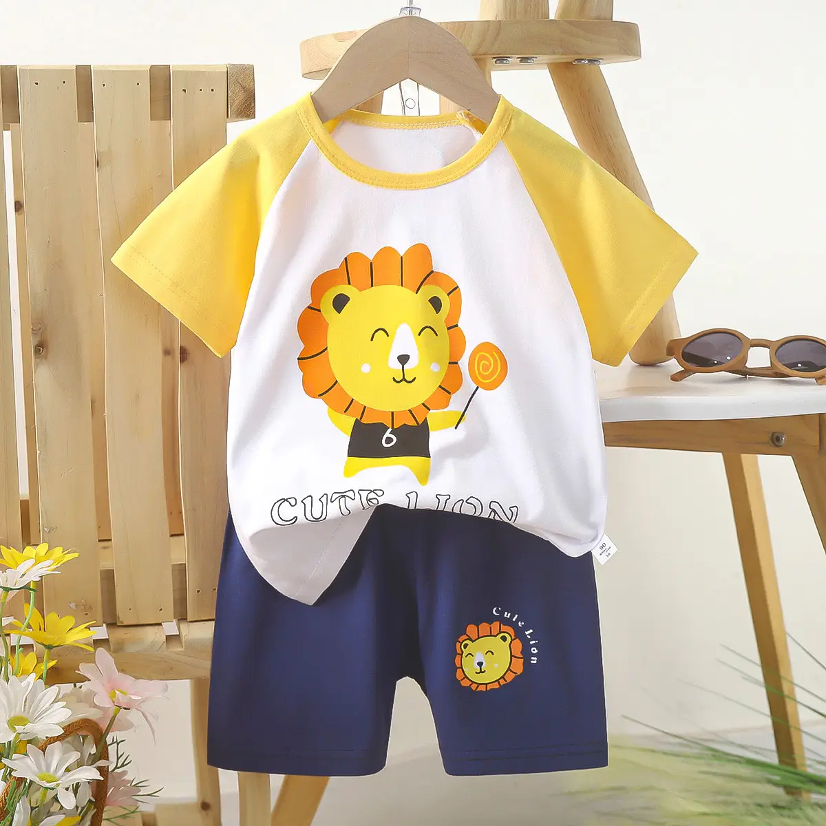 Kids Police Car T-Shirt Shorts Set Blue Orange Pure Cotton Summer