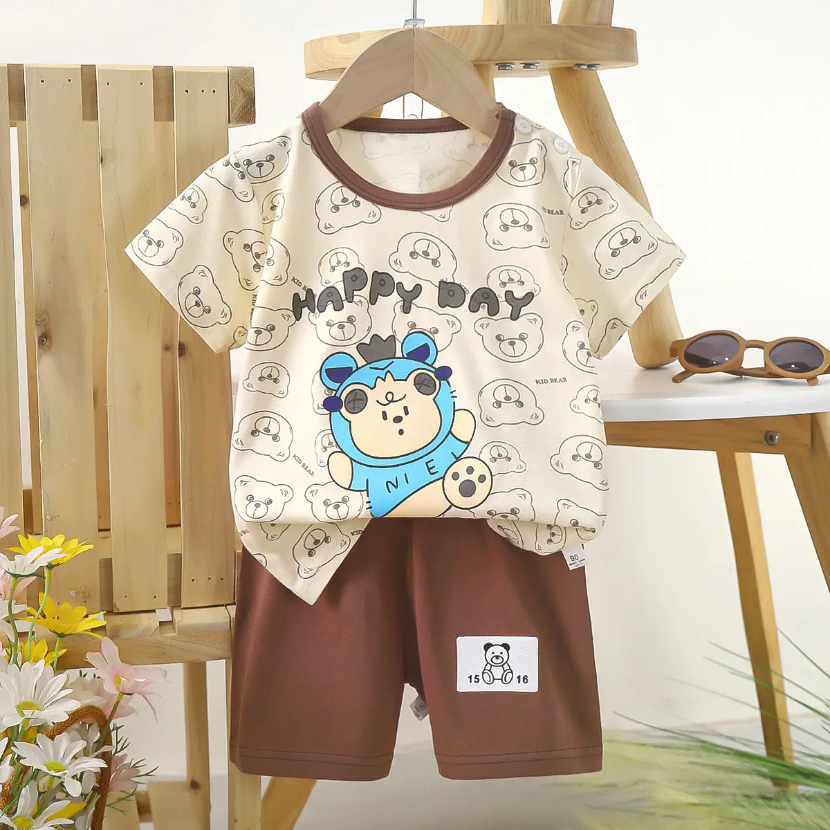Kids Police Car T-Shirt Shorts Set Blue Orange Pure Cotton Summer