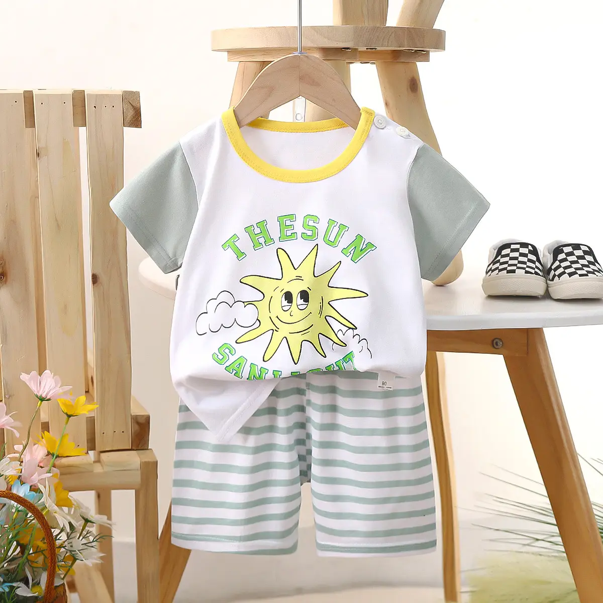 Kids Police Car T-Shirt Shorts Set Blue Orange Pure Cotton Summer