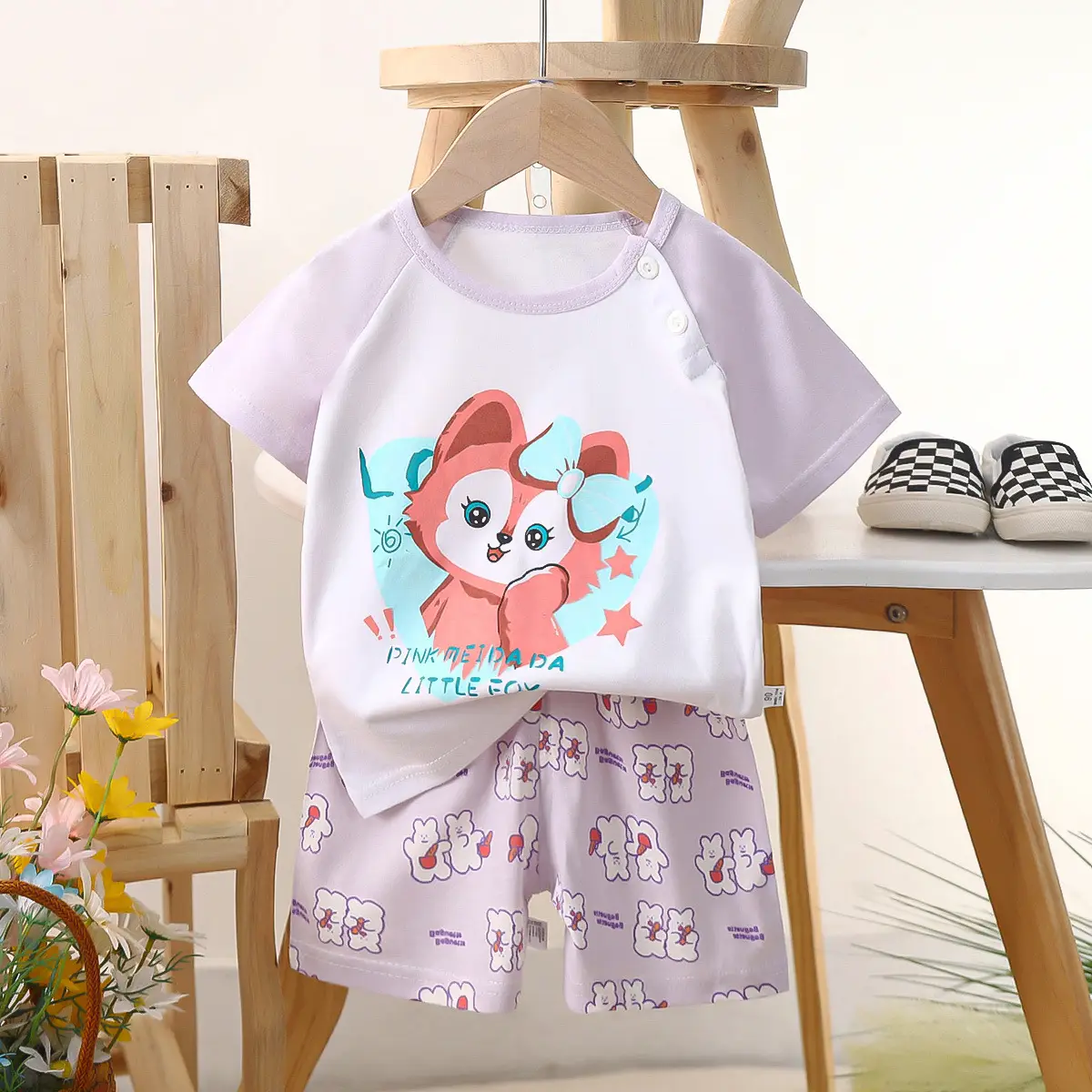 Kids Police Car T-Shirt Shorts Set Blue Orange Pure Cotton Summer