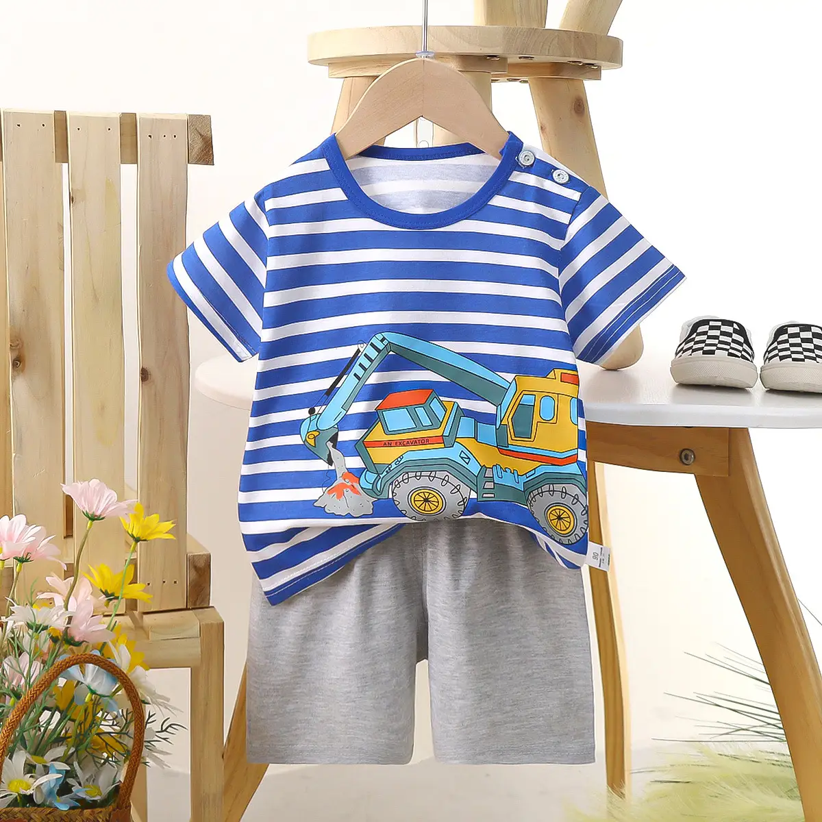 Kids Police Car T-Shirt Shorts Set Blue Orange Pure Cotton Summer