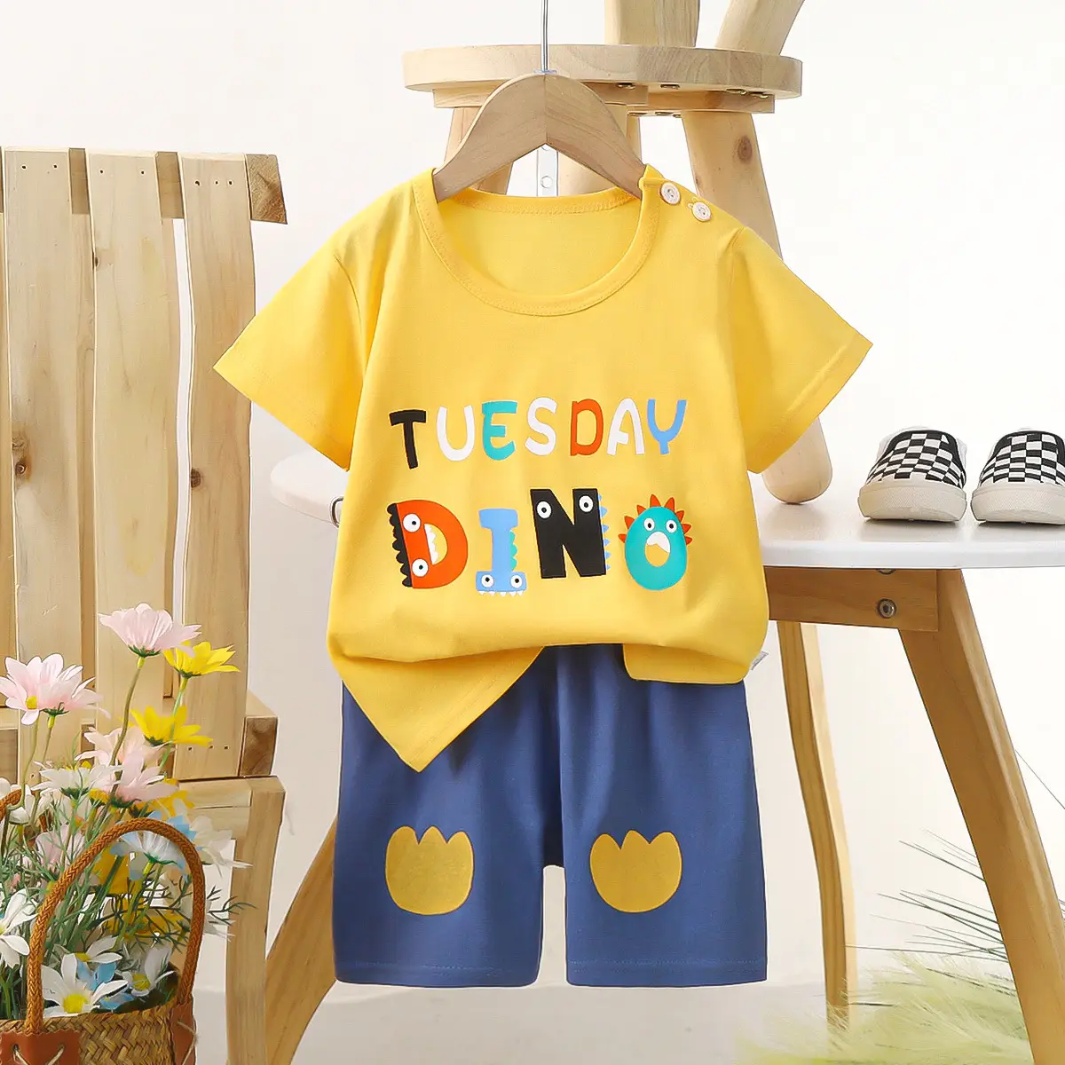 Kids Police Car T-Shirt Shorts Set Blue Orange Pure Cotton Summer