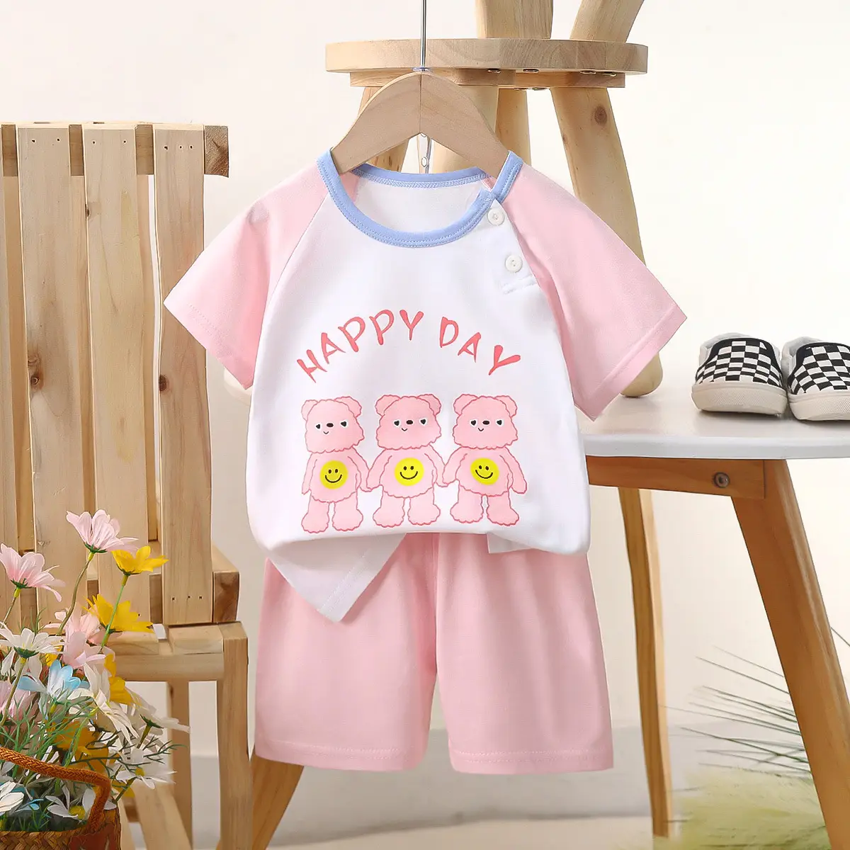 Kids Police Car T-Shirt Shorts Set Blue Orange Pure Cotton Summer