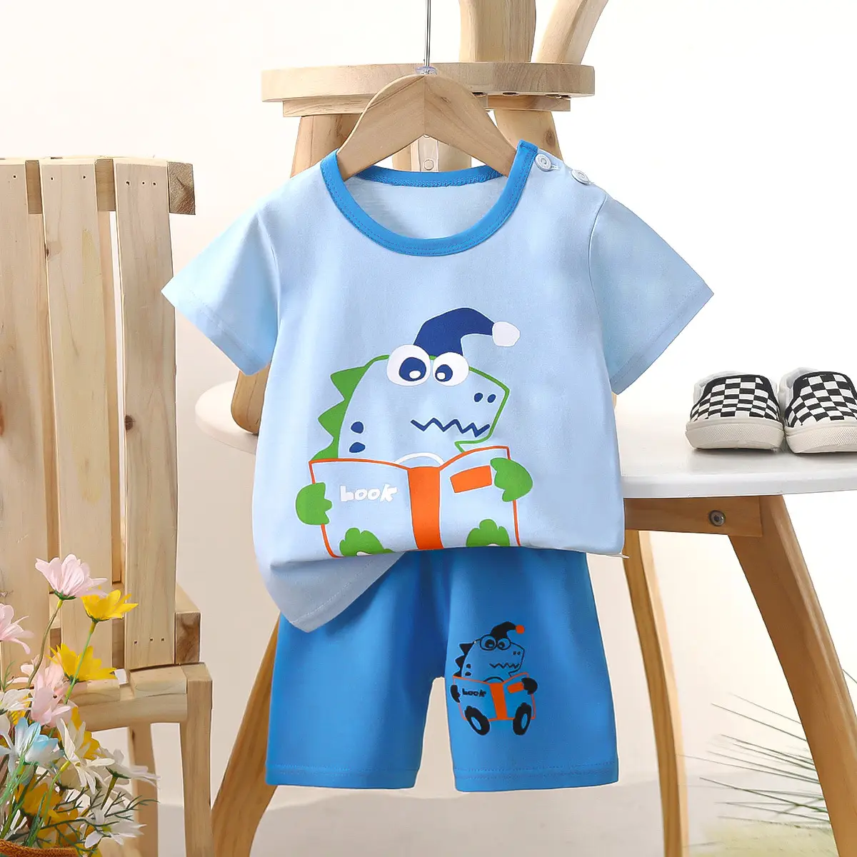 Kids Police Car T-Shirt Shorts Set Blue Orange Pure Cotton Summer