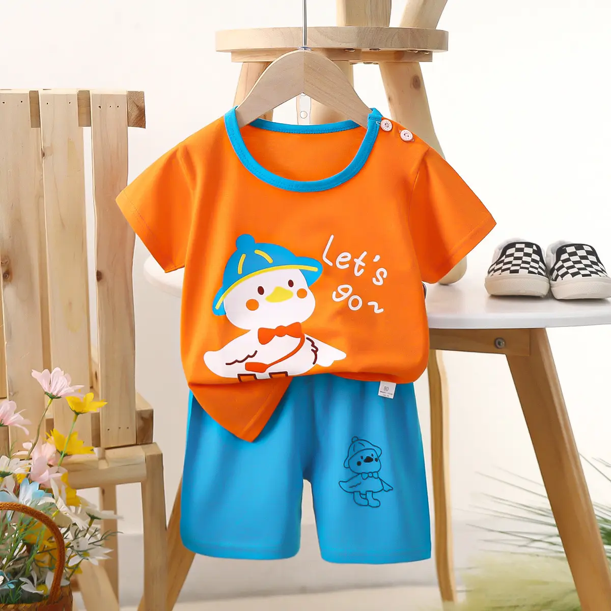 Kids Police Car T-Shirt Shorts Set Blue Orange Pure Cotton Summer