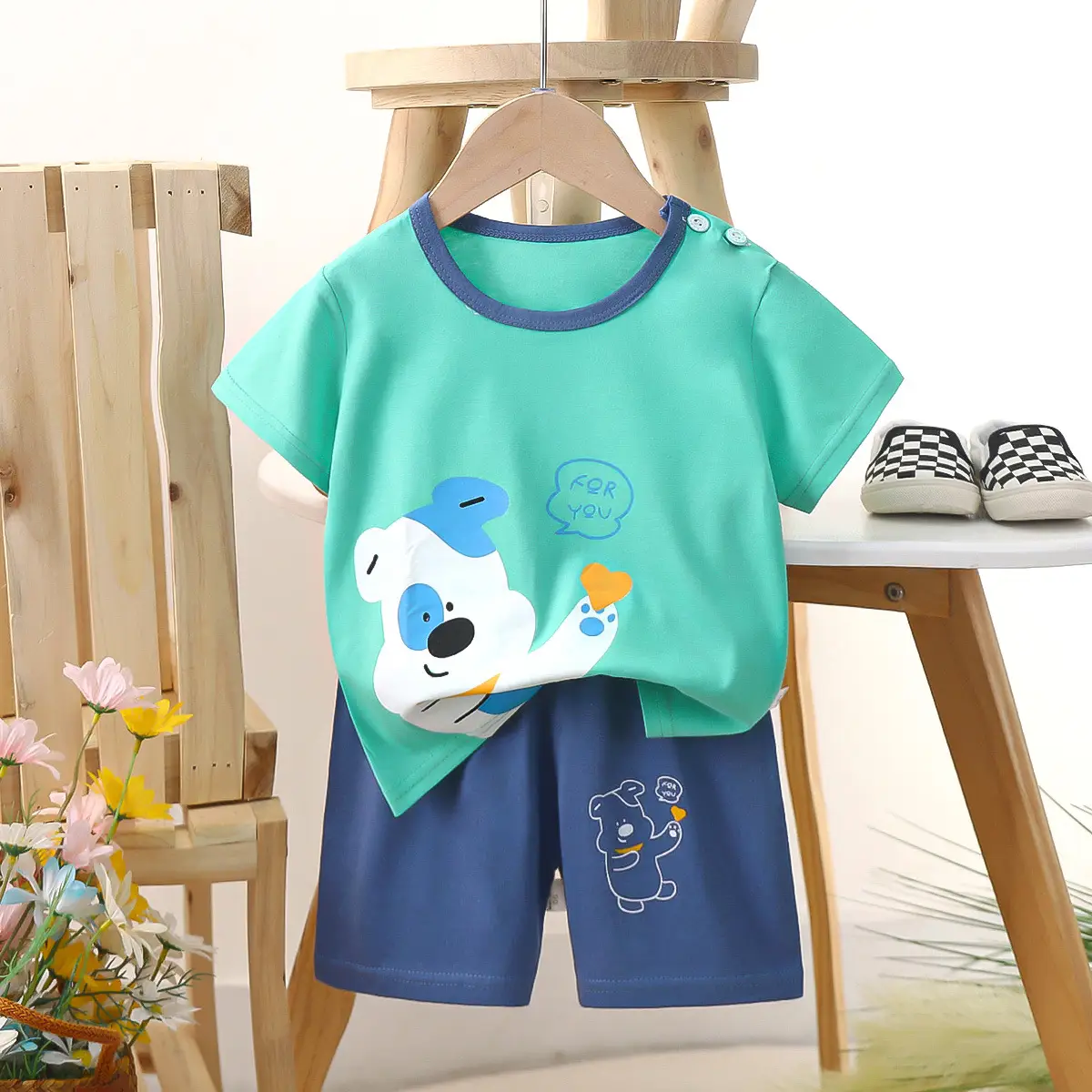 Kids Police Car T-Shirt Shorts Set Blue Orange Pure Cotton Summer