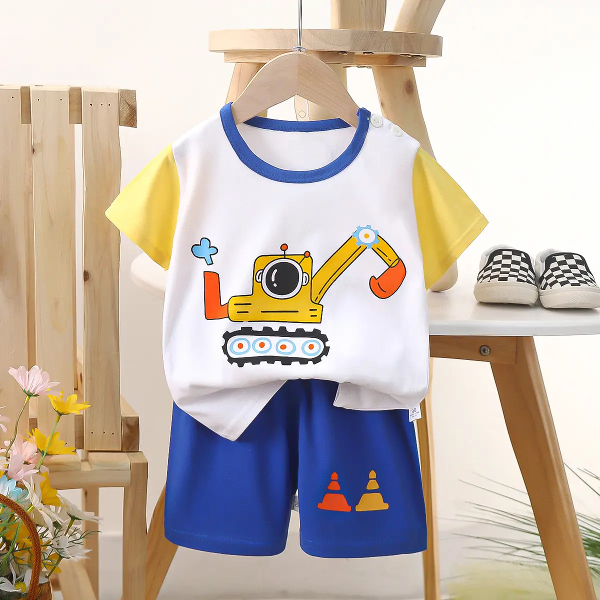 Kids Police Car T-Shirt Shorts Set Blue Orange Pure Cotton Summer