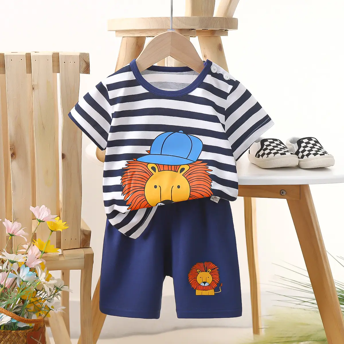Kids Police Car T-Shirt Shorts Set Blue Orange Pure Cotton Summer