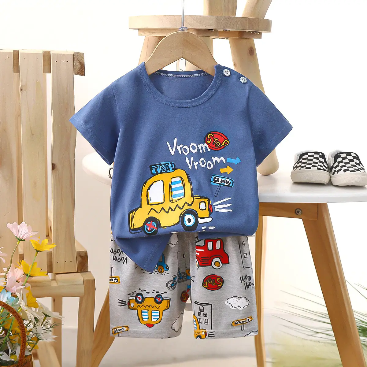 Kids Police Car T-Shirt Shorts Set Blue Orange Pure Cotton Summer