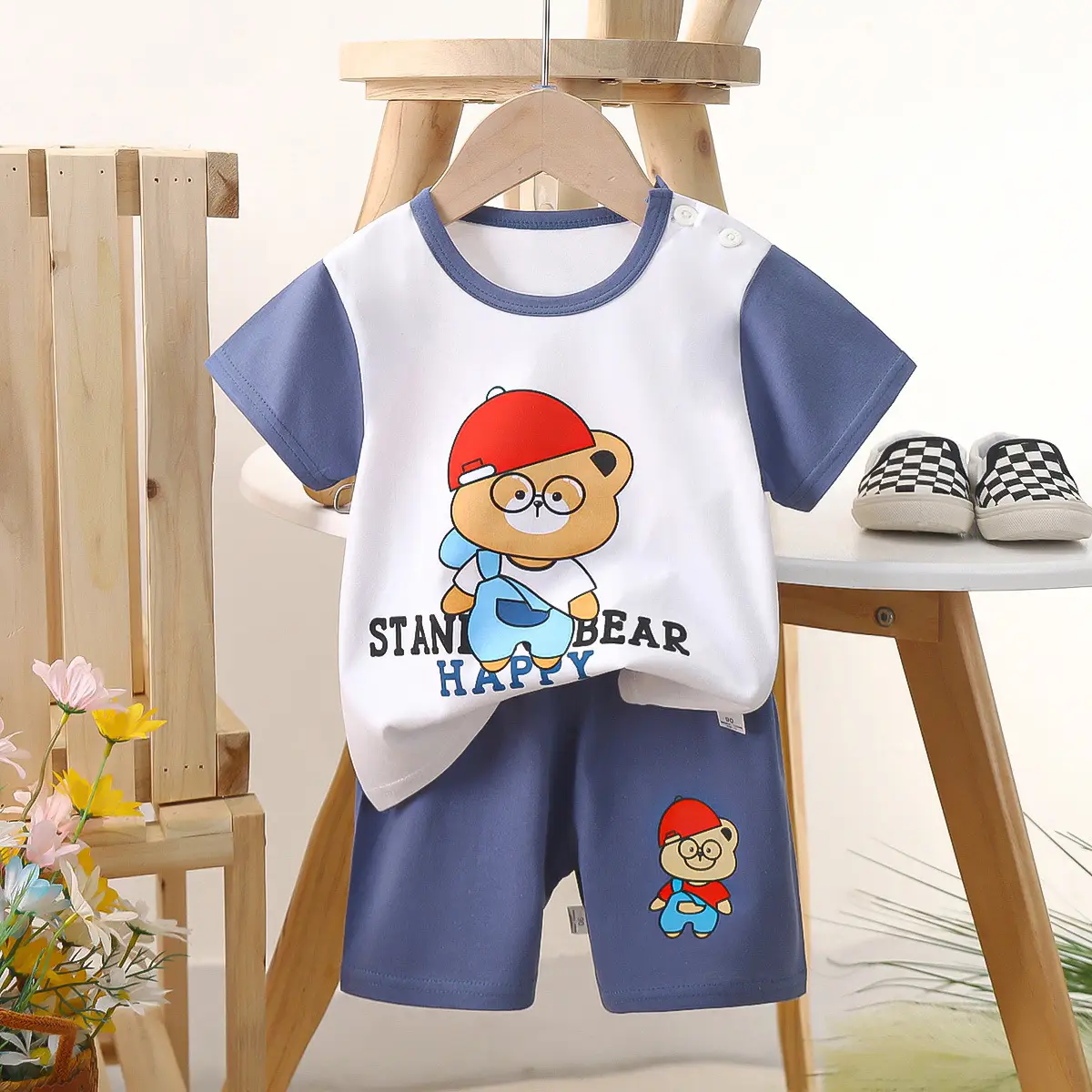 Kids Police Car T-Shirt Shorts Set Blue Orange Pure Cotton Summer