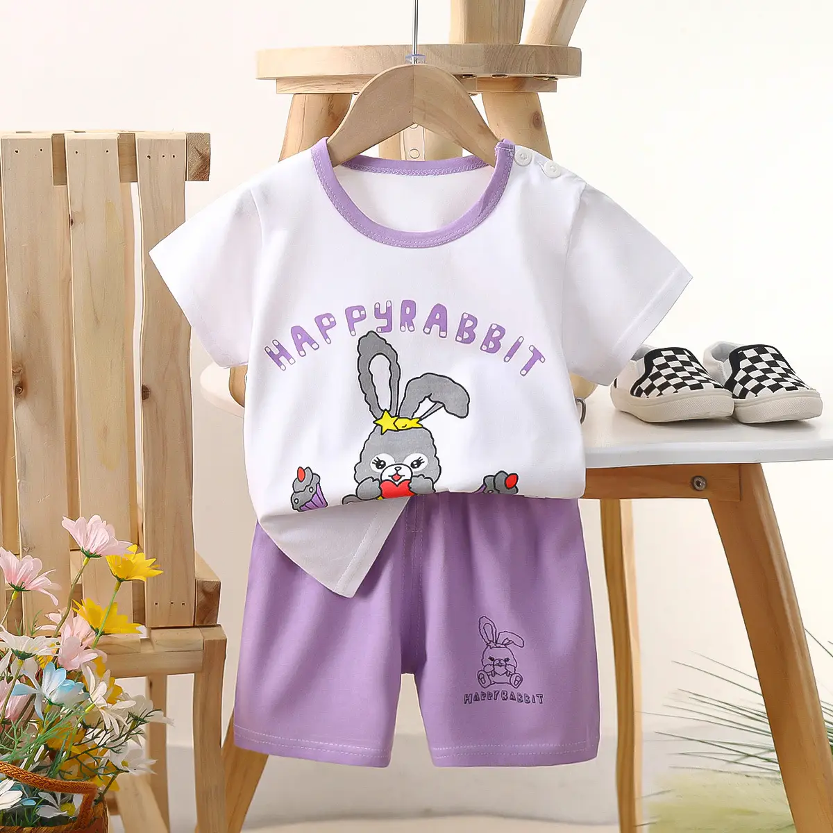 Kids Police Car T-Shirt Shorts Set Blue Orange Pure Cotton Summer