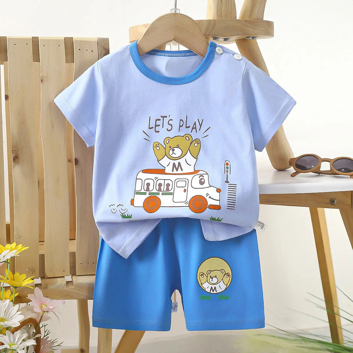 Kids Police Car T-Shirt Shorts Set Blue Orange Pure Cotton Summer