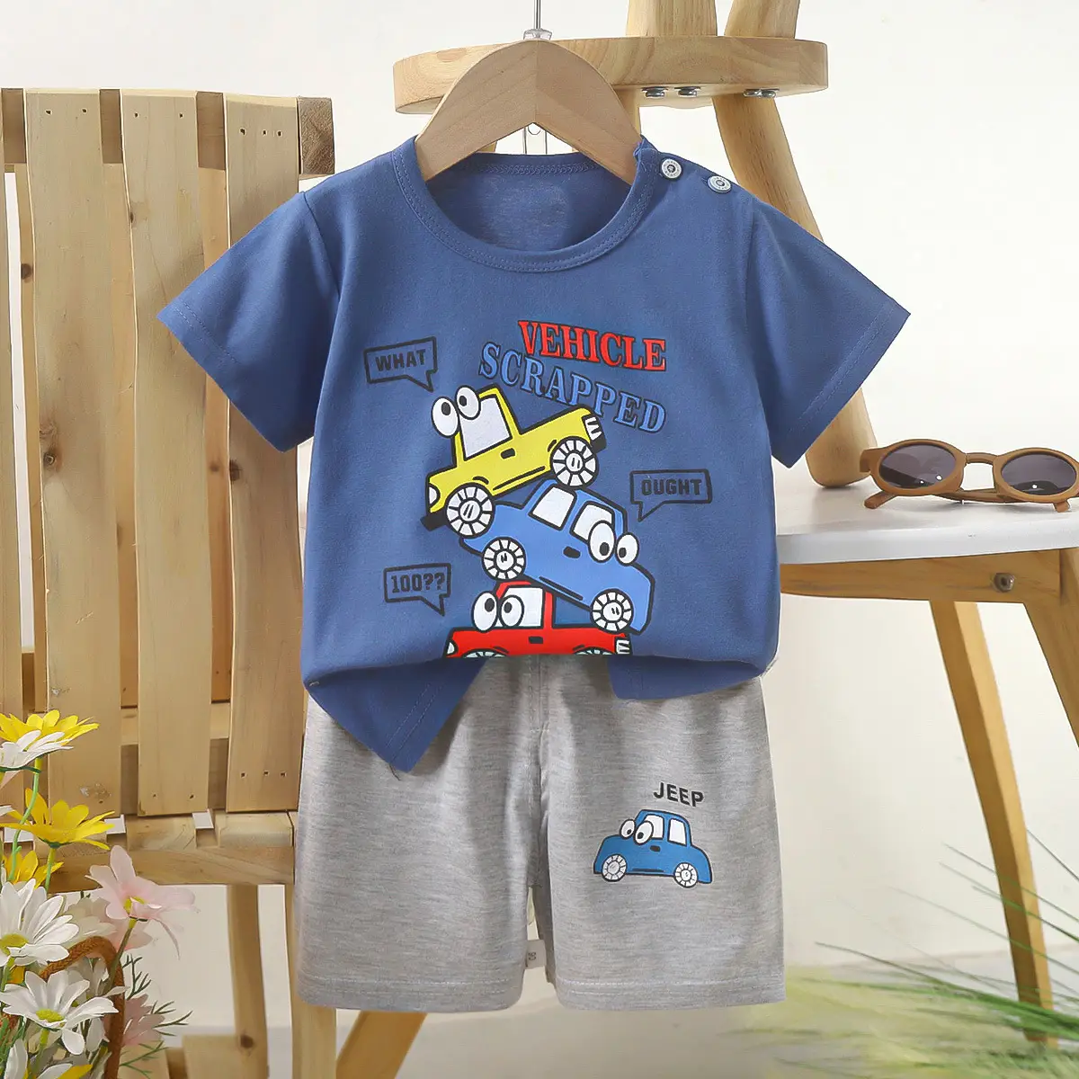 Kids Police Car T-Shirt Shorts Set Blue Orange Pure Cotton Summer