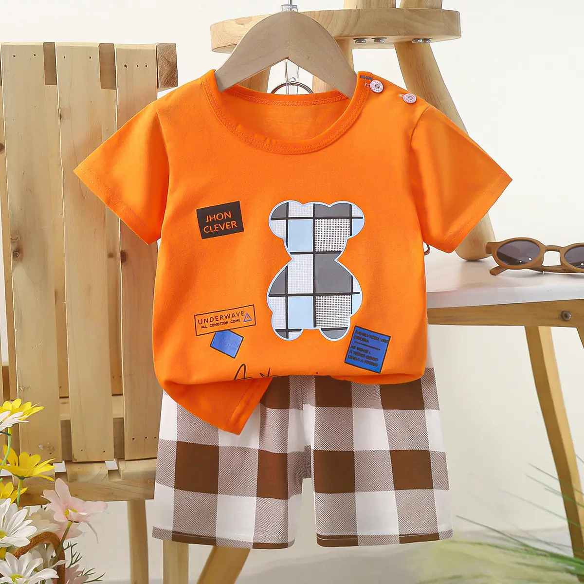 Kids Police Car T-Shirt Shorts Set Blue Orange Pure Cotton Summer
