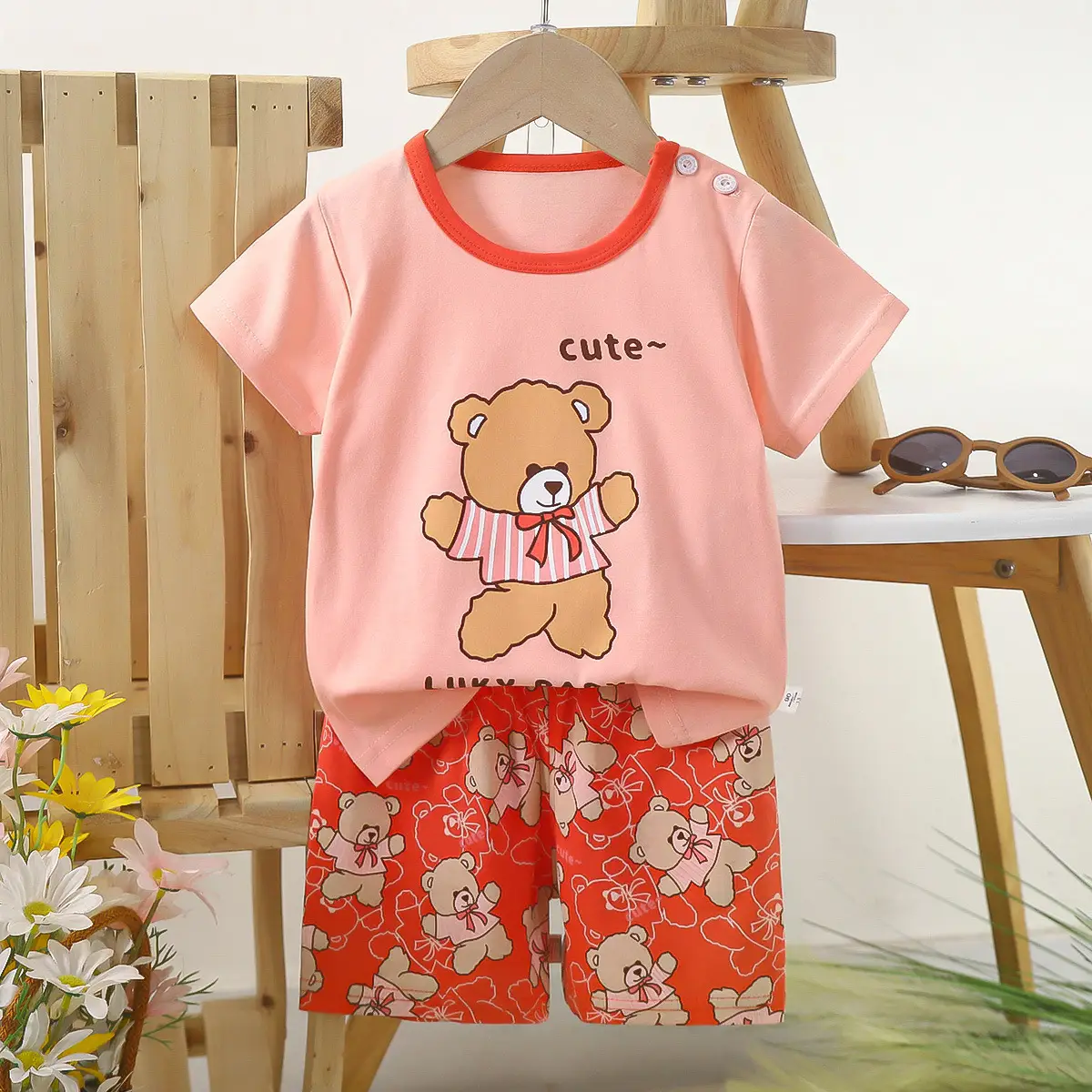 Kids Police Car T-Shirt Shorts Set Blue Orange Pure Cotton Summer