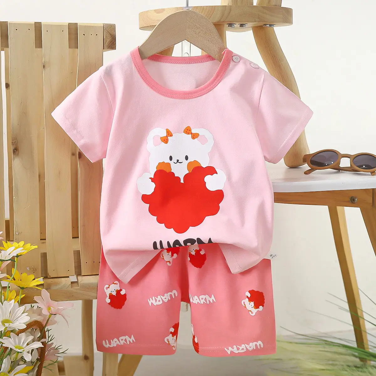 Kids Police Car T-Shirt Shorts Set Blue Orange Pure Cotton Summer