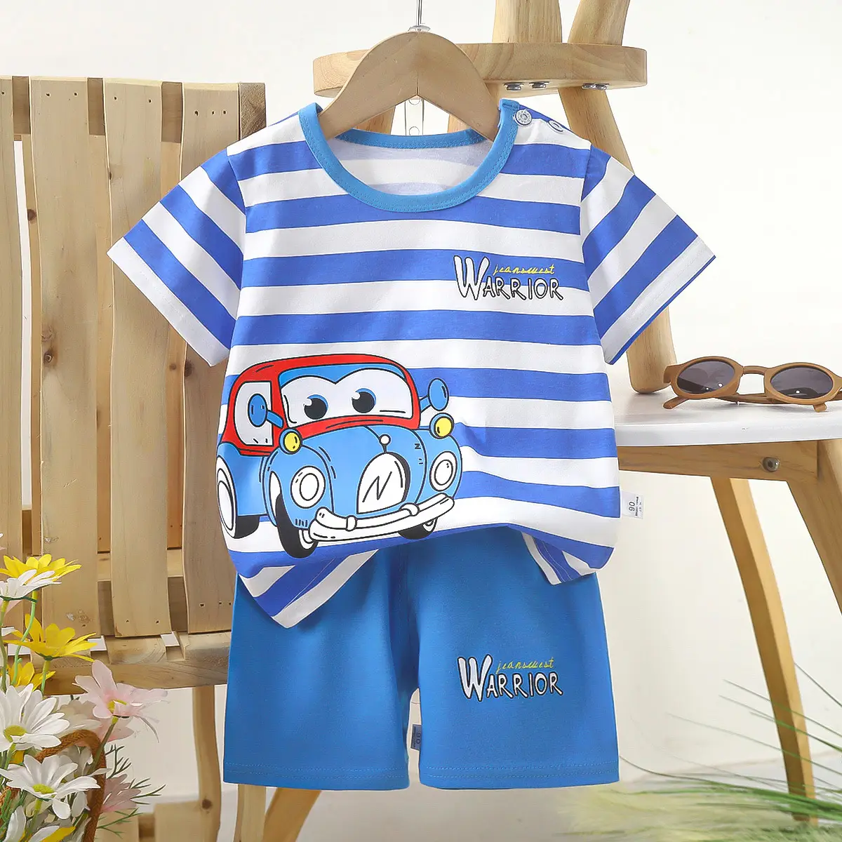 Kids Police Car T-Shirt Shorts Set Blue Orange Pure Cotton Summer
