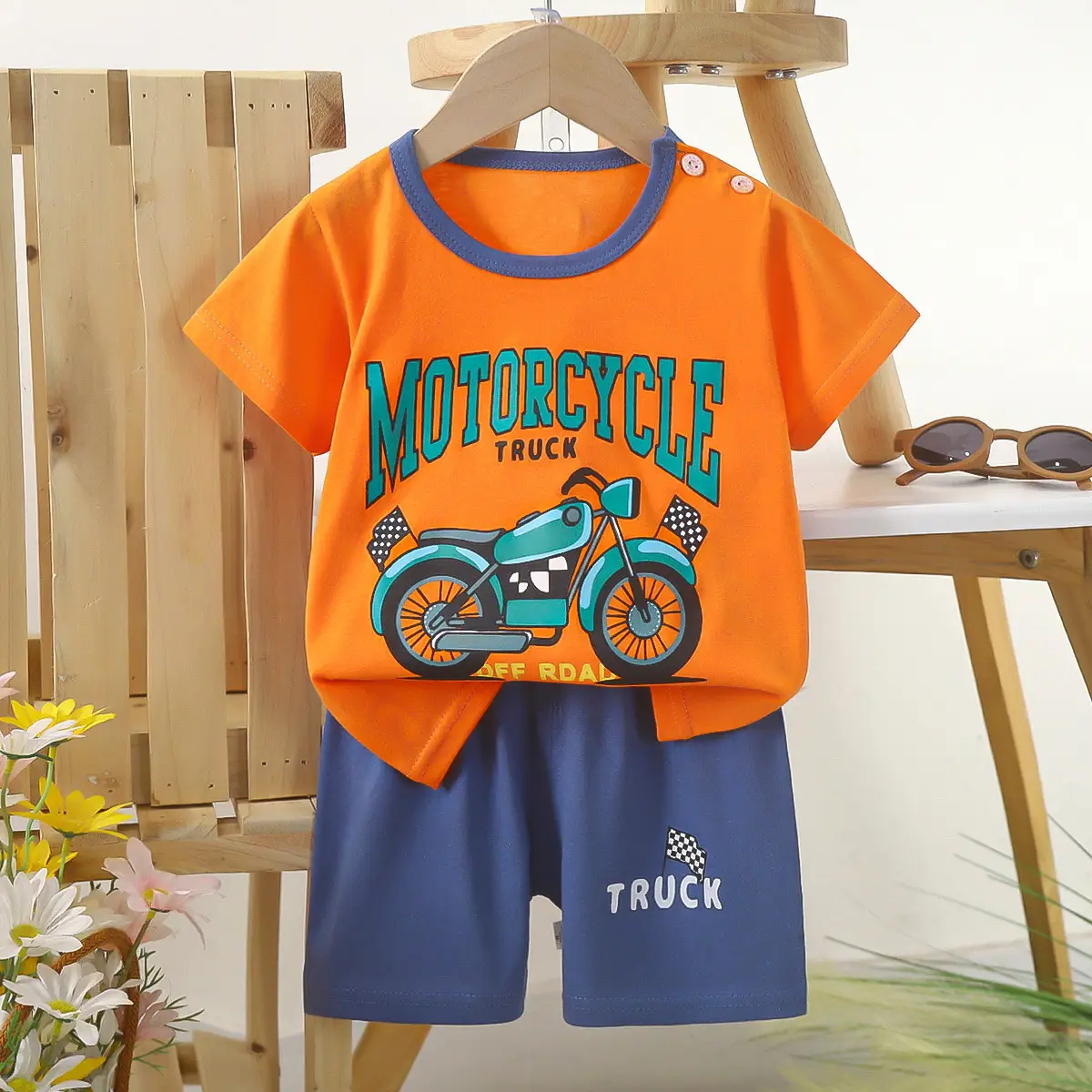 Kids Police Car T-Shirt Shorts Set Blue Orange Pure Cotton Summer