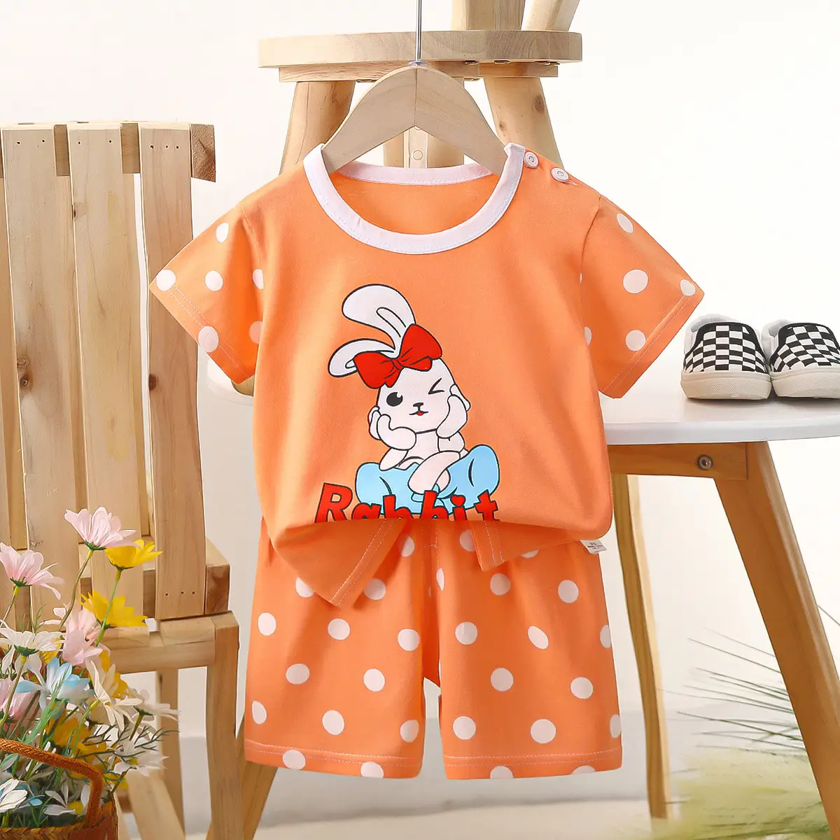 Kids Police Car T-Shirt Shorts Set Blue Orange Pure Cotton Summer
