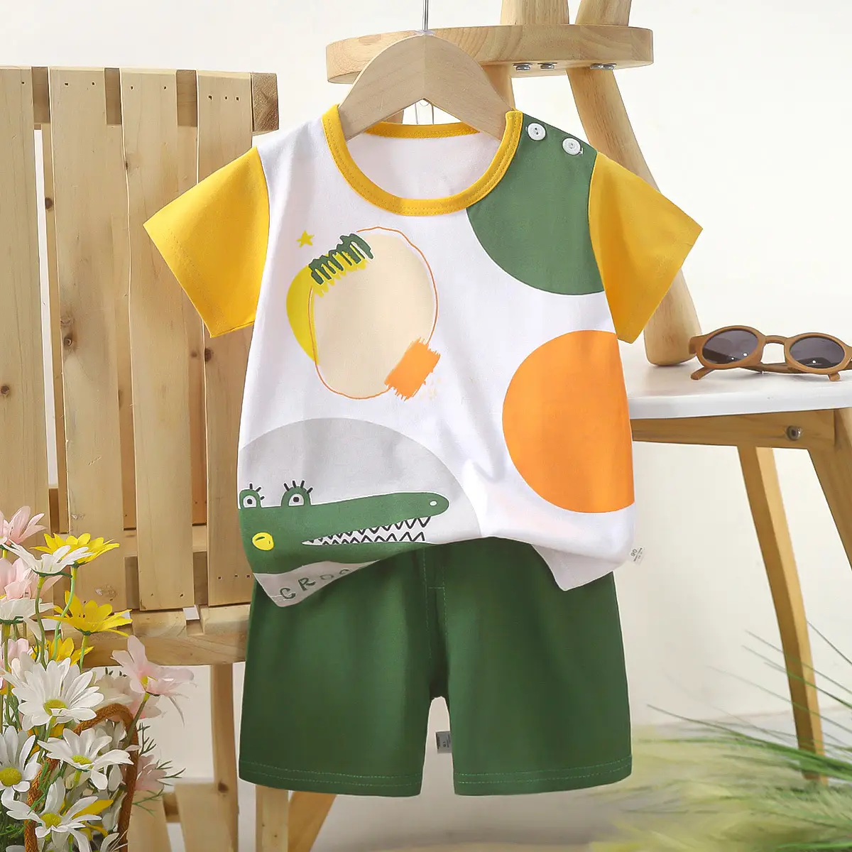 Kids Police Car T-Shirt Shorts Set Blue Orange Pure Cotton Summer