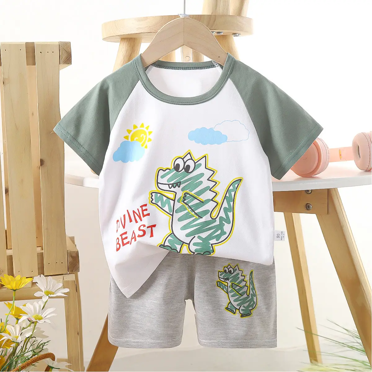Kids Police Car T-Shirt Shorts Set Blue Orange Pure Cotton Summer