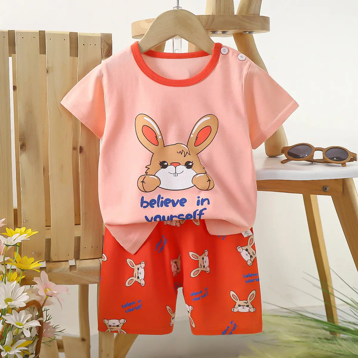 Kids Police Car T-Shirt Shorts Set Blue Orange Pure Cotton Summer