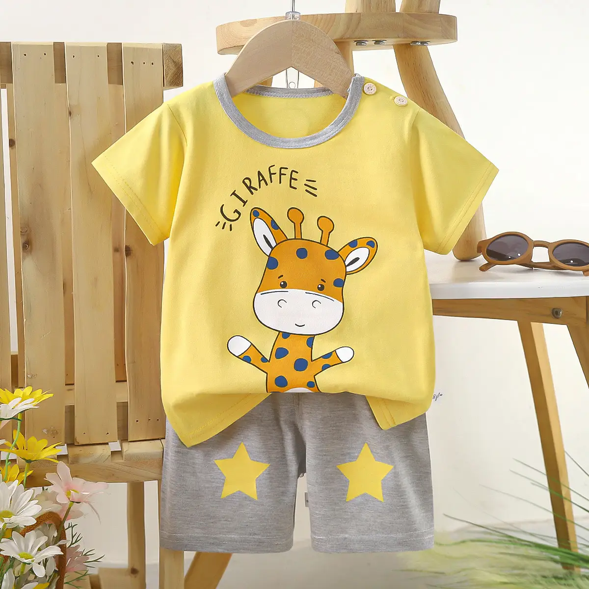 Kids Police Car T-Shirt Shorts Set Blue Orange Pure Cotton Summer