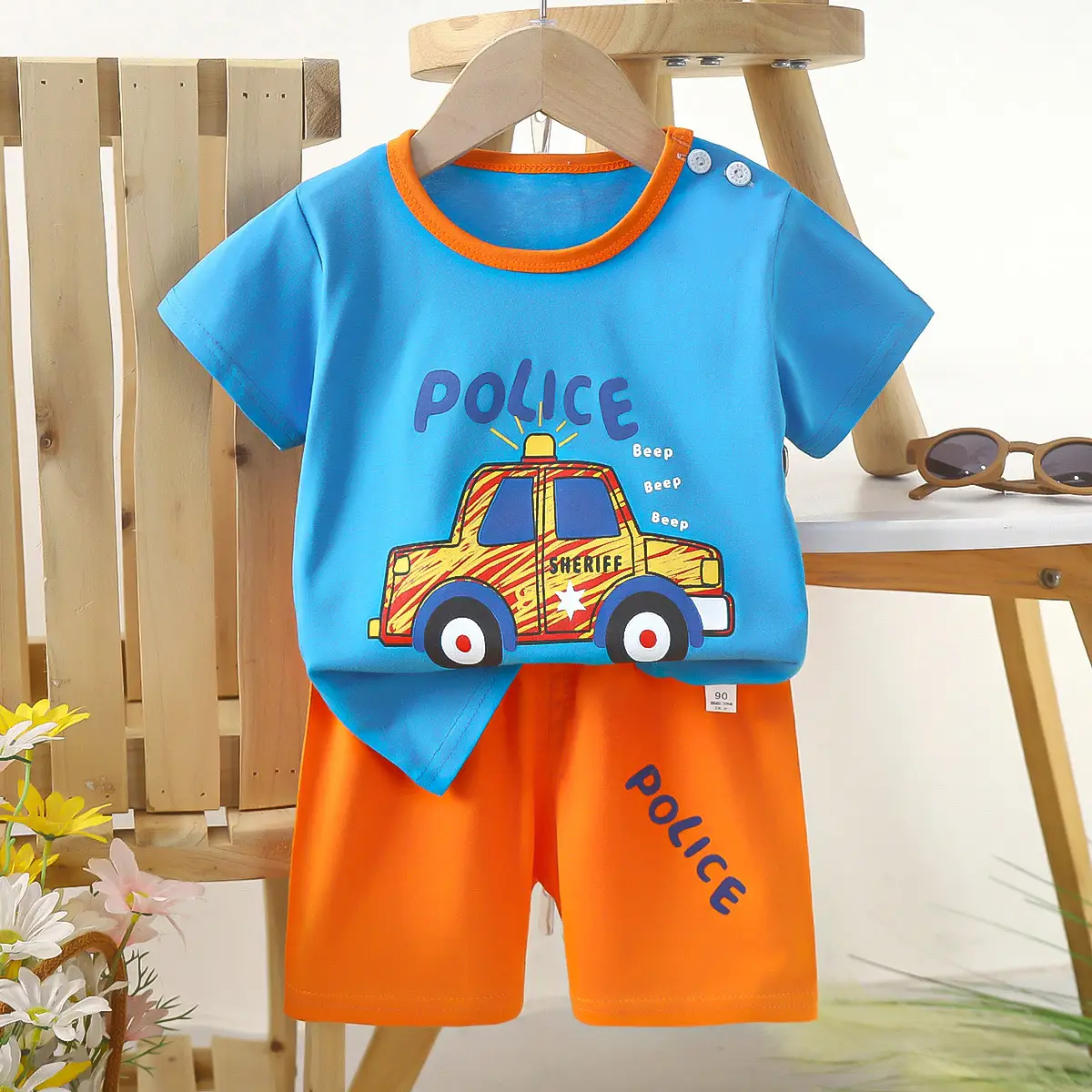 Kids Police Car T-Shirt Shorts Set Blue Orange Pure Cotton Summer
