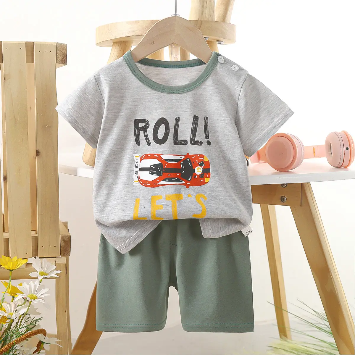 Kids Police Car T-Shirt Shorts Set Blue Orange Pure Cotton Summer