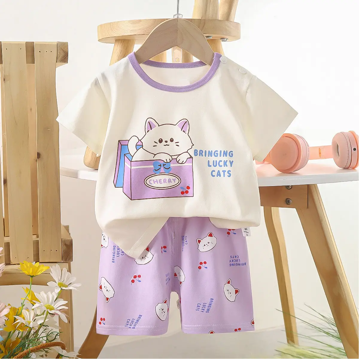 Kids Police Car T-Shirt Shorts Set Blue Orange Pure Cotton Summer
