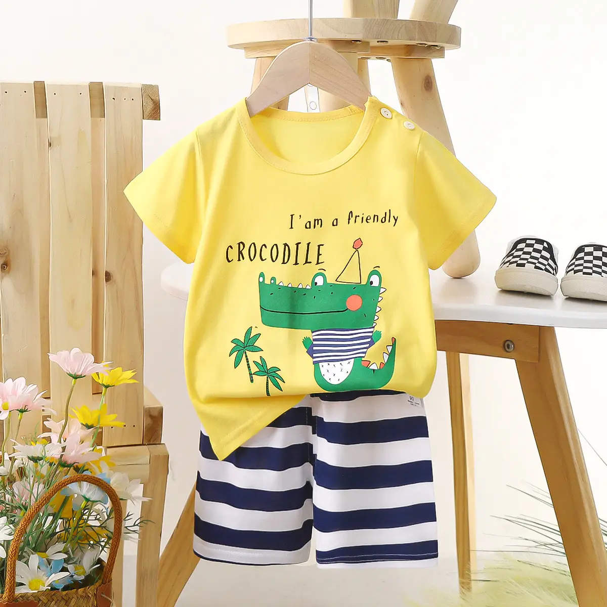 Kids Police Car T-Shirt Shorts Set Blue Orange Pure Cotton Summer