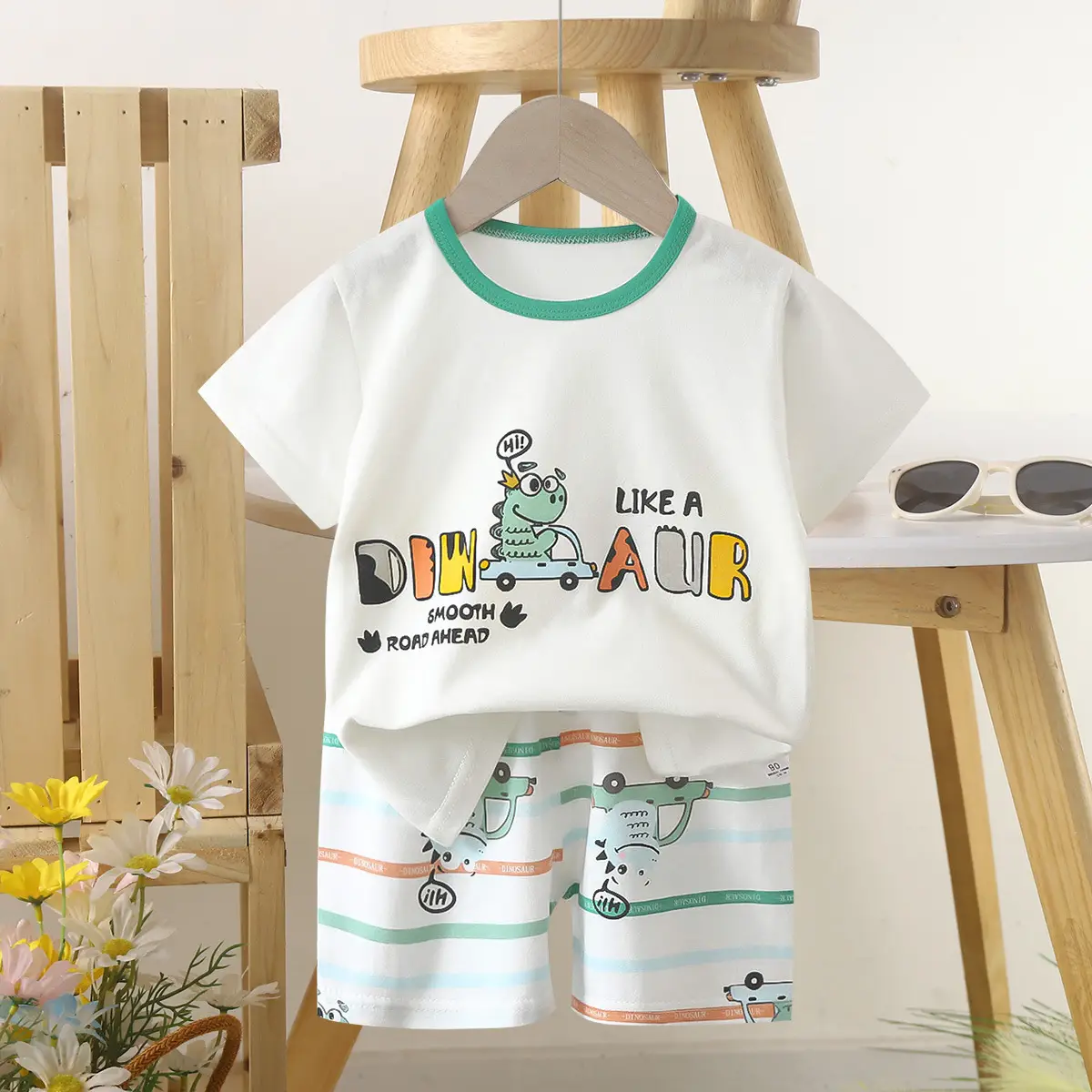 Kids Police Car T-Shirt Shorts Set Blue Orange Pure Cotton Summer