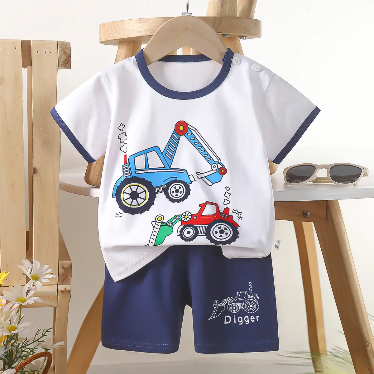 Kids Police Car T-Shirt Shorts Set Blue Orange Pure Cotton Summer