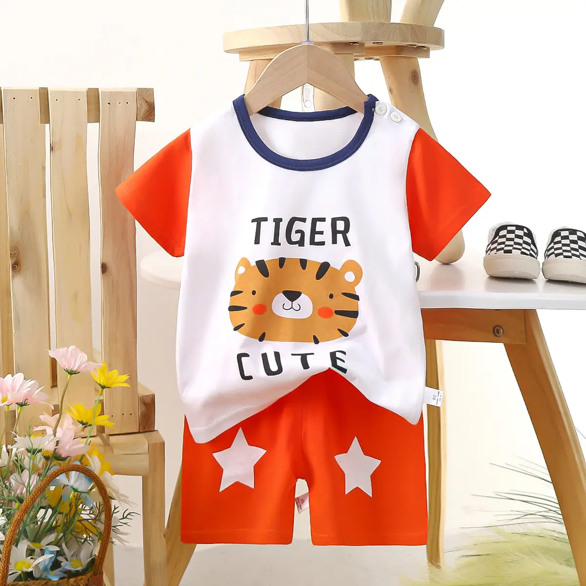 Kids Police Car T-Shirt Shorts Set Blue Orange Pure Cotton Summer