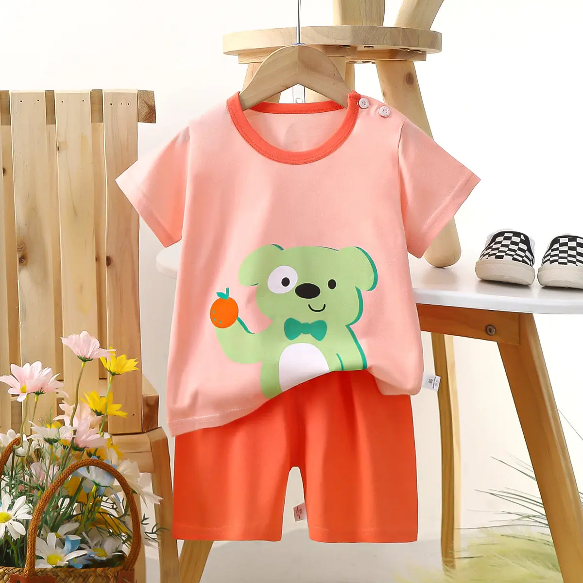 Kids Police Car T-Shirt Shorts Set Blue Orange Pure Cotton Summer