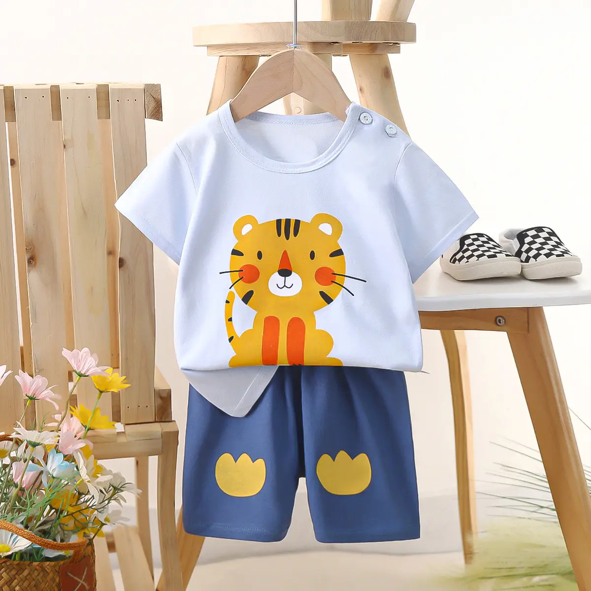 Kids Police Car T-Shirt Shorts Set Blue Orange Pure Cotton Summer
