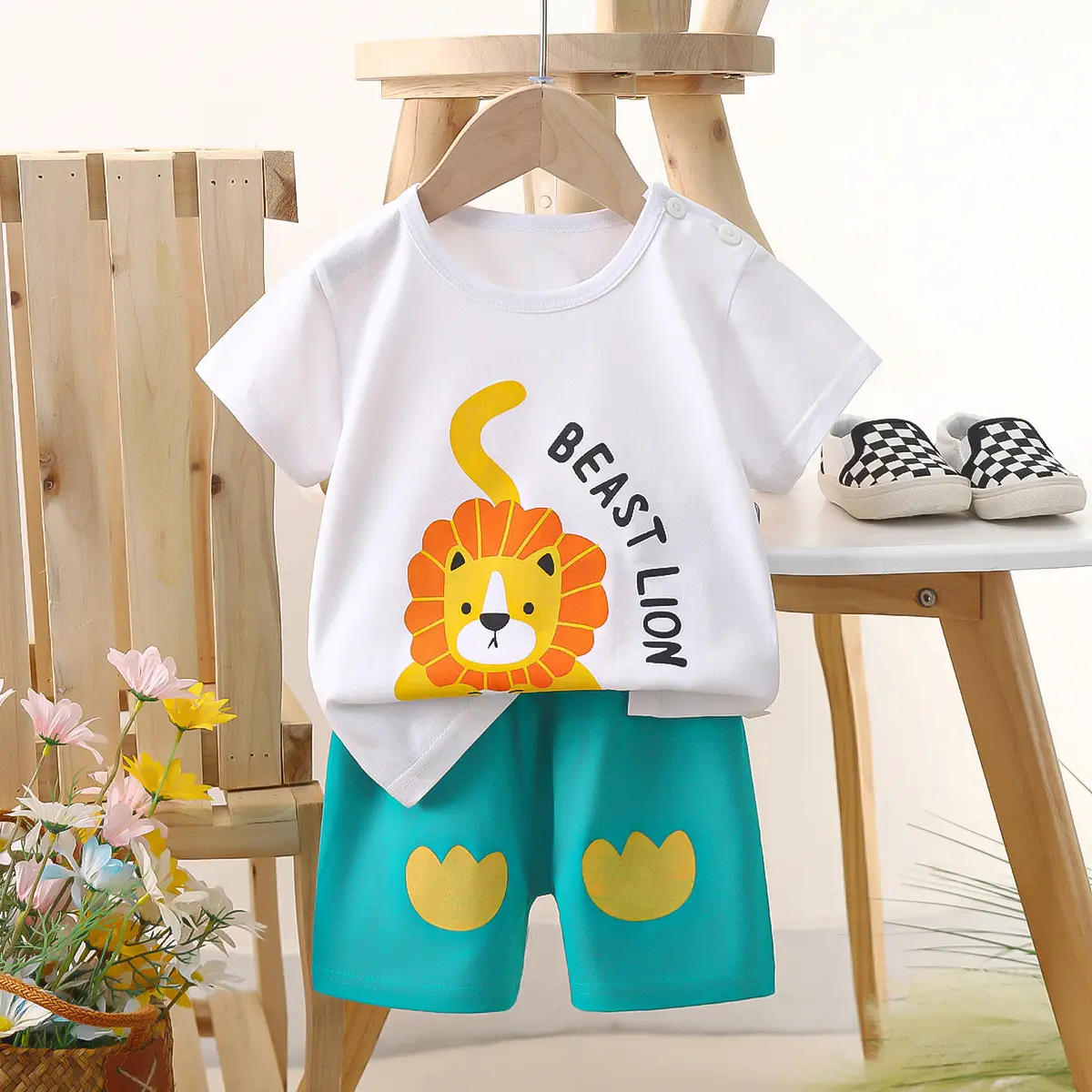 Kids Police Car T-Shirt Shorts Set Blue Orange Pure Cotton Summer