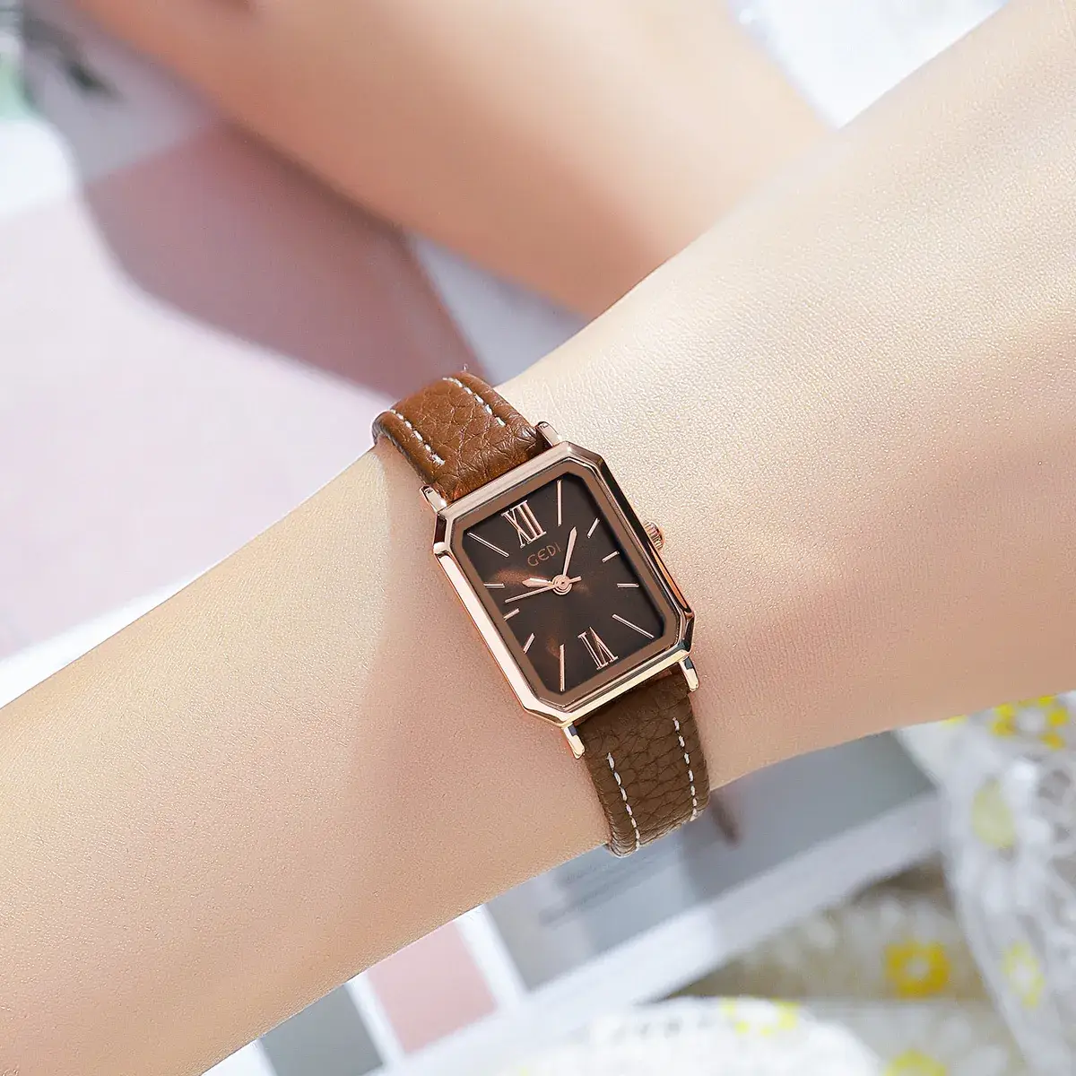 Goldie Rectangular Women's Quartz Watch Brown Leather Band - Image 9