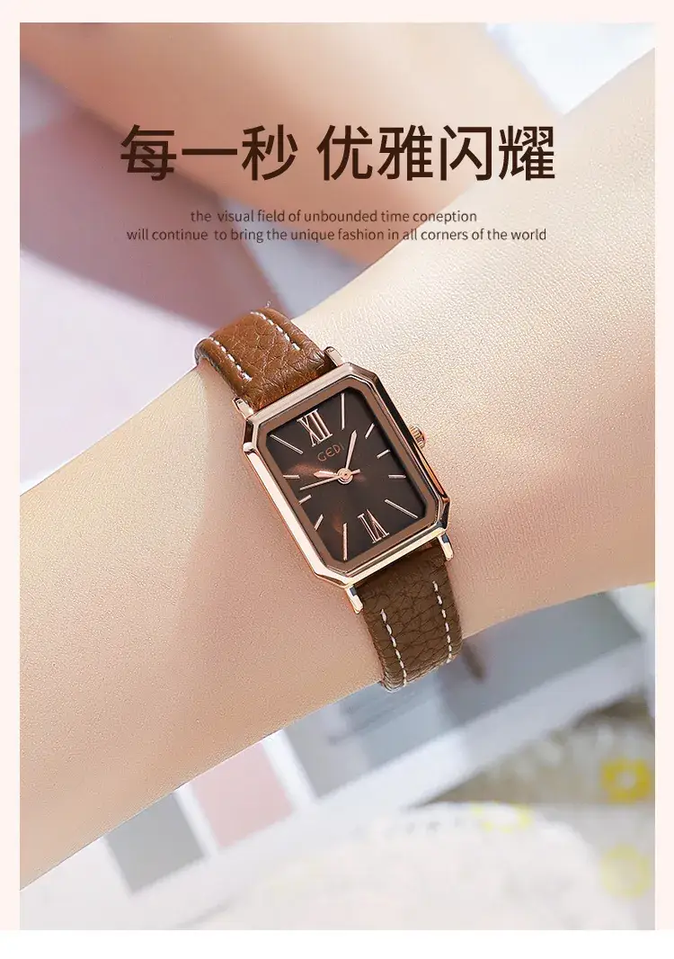Goldie Rectangular Women's Quartz Watch Brown Leather Band — feature 1