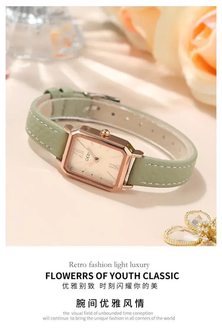Goldie Rectangular Women's Quartz Watch Brown Leather Band — feature 4