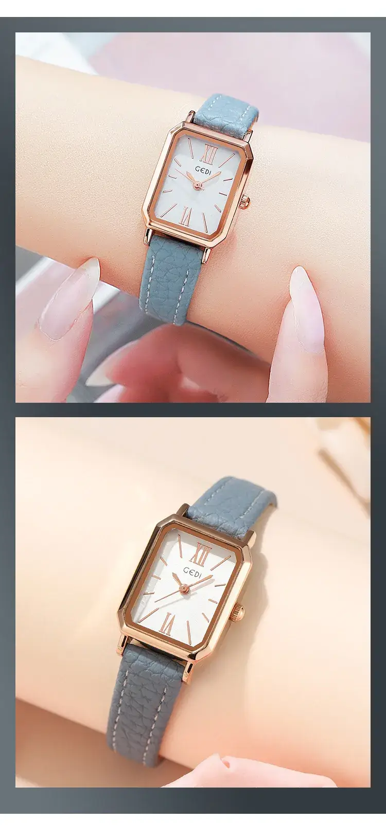 Goldie Rectangular Women's Quartz Watch Brown Leather Band — feature 5